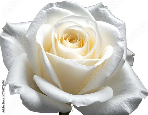 Obraz Close-up of a pristine, creamy-white rose.  Petals gently curve outward, displaying a delicate, soft-yellow center.  Focus is sharp, highlighting the rose's texture and form