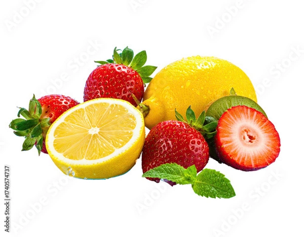 Obraz Vibrant close-up of fresh, juicy fruit.  Lemons, strawberries, and kiwi