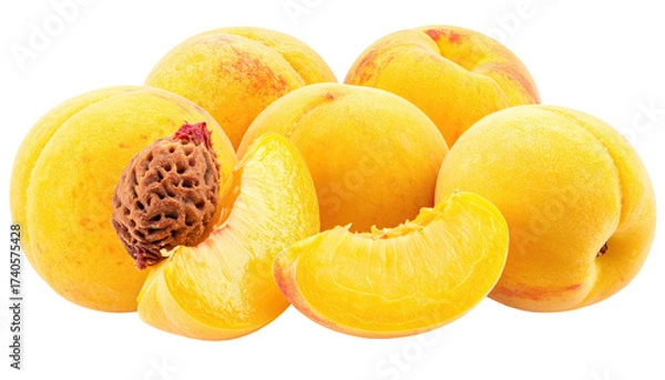 Obraz Cluster of ripe yellow peaches, some halved, showing juicy interiors