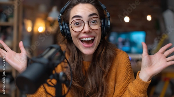 Fototapeta A woman with glasses and headphones excitedly gesturing in front of a microphone indoors