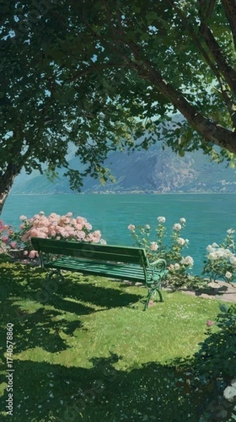Obraz Painting of a lakeside scene featuring a green bench, flowers, trees, and mountains