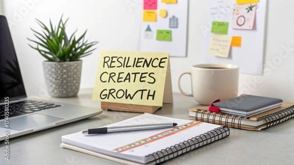 Obraz Inspirational Home Office Workspace with Note about Resilience and Growth on Desk Surrounded by Stationery and Plant