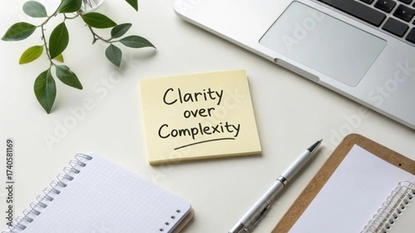 Obraz Inspirational Note on Clarity with Laptops, Notebooks, and Green Leaves in Modern Office Workspace Setting