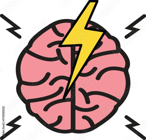 Fototapeta brain with lightning bolt indicating stress icon. brain activity sign. brainstorm think symbol. flat style.