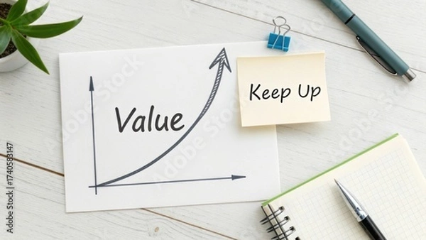 Obraz Growth Chart Showing Value Increase with Sticky Note Message on Workspace Table with Pen and Plant Decor