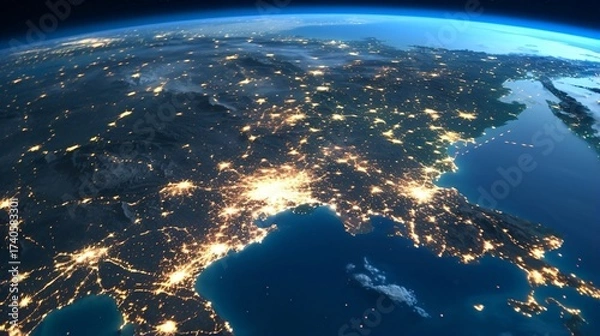 Obraz 宇宙から見た夜の地球：光り輝く大都市圏とグローバルネットワーク