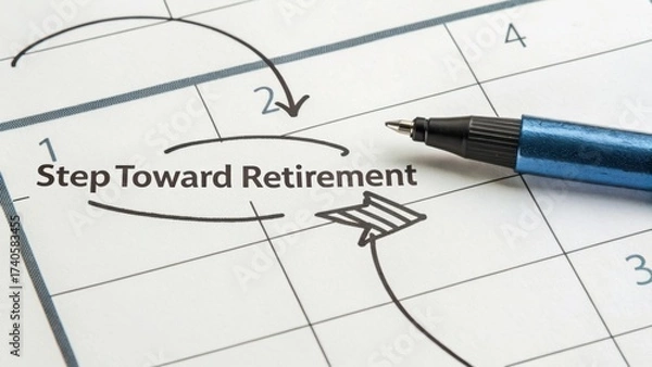 Obraz Step Toward Retirement Plan on Calendar With Pen and Arrows for Future Financial Planning and Goal Setting in Life