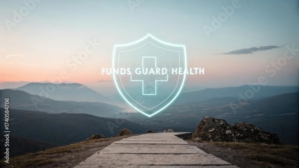 Obraz Peaceful Landscape View with Shield Symbol Representing Health and Wellness in Nature at Sunset Over Mountains