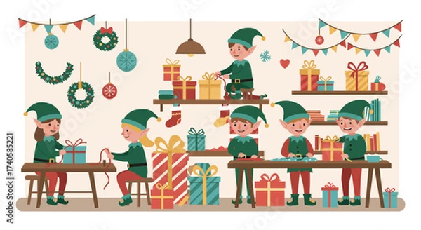 Fototapeta Santa's Workshop Elves Preparing Gifts for Christmas in a Festive Setting