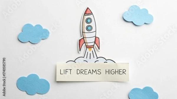 Obraz Creative illustration of a rocket launching into the sky with clouds and inspirational message to lift dreams higher