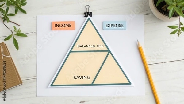 Obraz Triangle Diagram of Income, Expense, and Saving with Balanced Trio Concept on Workspace Desk