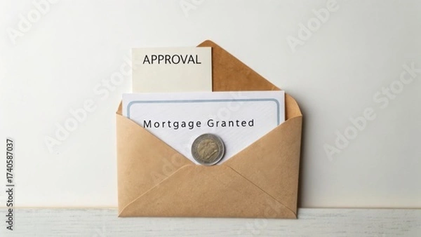 Obraz Approval Letter Inside Envelope with Coin on Table, Representing Mortgage Granted Notification and Financial Success