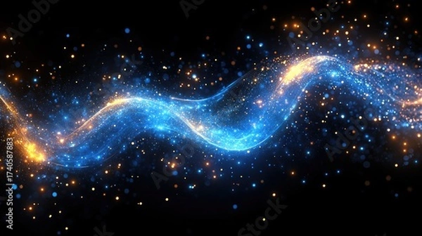 Fototapeta Abstract cosmic wave of glowing blue and gold particles flowing through deep space.