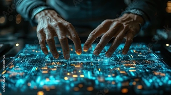 Fototapeta Futuristic Technology Concept with Hands on Glowing Data Panel.
