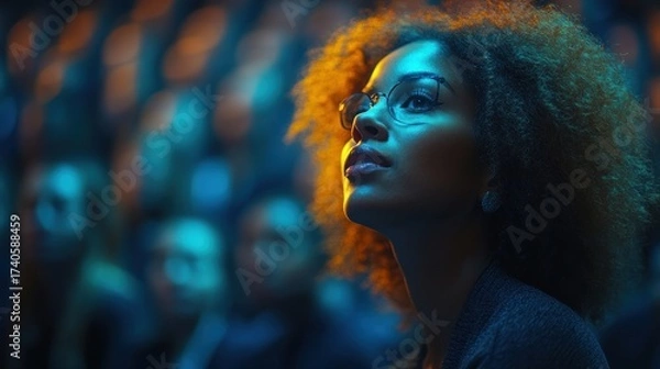Fototapeta Cinematic Portrait of a Captivated Woman with Afro Hair in a Crowd Under Blue and Orange Lights.
