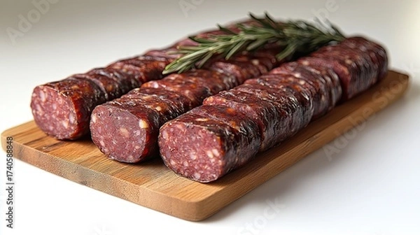 Fototapeta Three logs of sliced dry cured salami sausage with fresh rosemary on a wooden cutting board.
