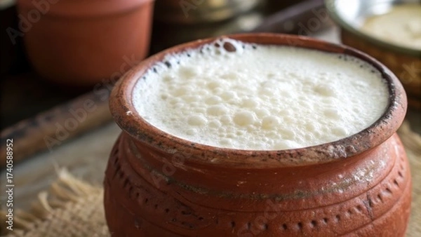 Fototapeta Clay pot filled with frothy buttermilk, staple in Indian daily life, showcasing traditional culinary practices