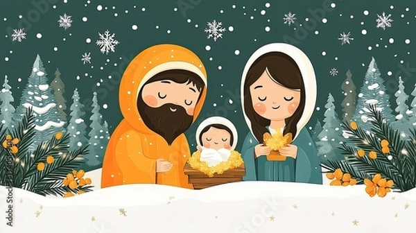 Obraz Illustrated Holy Family Nativity Scene in a Snowy Forest.