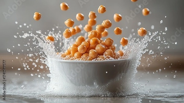 Fototapeta Energetic Splash of Fresh Chickpeas Falling into a White Bowl.