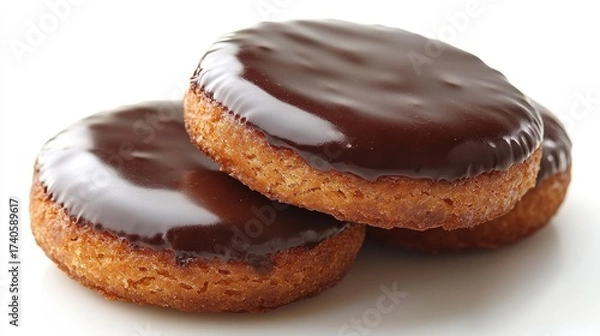 Fototapeta Three delicious chocolate covered Jaffa Cakes isolated on a white background.