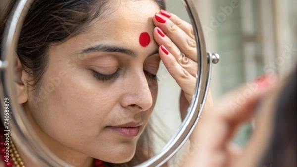 Fototapeta Woman applies bindi on her forehead while looking in mirror, reflecting moment of Indian daily life with focus and care