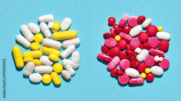 Fototapeta Two piles of assorted pills on a blue background: one with white and yellow capsules, the other with various red and white tablets