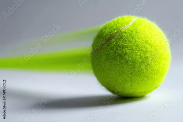Fototapeta A close-up of a bright yellow tennis ball with motion blur on a white surface, highlighting its fuzzy texture and dynamic movement