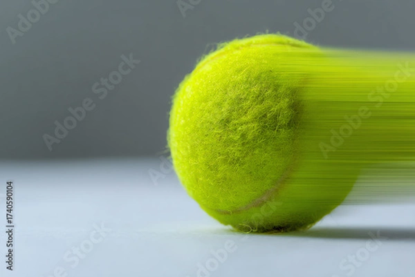 Fototapeta Close-up of a bright yellow tennis ball in motion, captured with motion blur against a neutral gray background