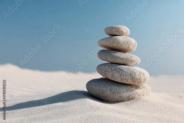 Fototapeta Stacked smooth stones balanced on sandy beach under clear blue sky symbolizing calmness and balance in nature