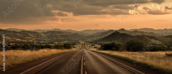 Fototapeta A long, empty road stretches toward distant mountains under a cloudy sky at sunset, surrounded by dry grass and scattered trees in a serene, natural landscape