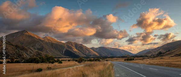 Fototapeta A scenic road winds through a golden grassland valley surrounded by mountains under a vibrant sky with scattered clouds at sunset