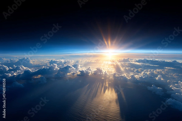 Fototapeta Sunrise or sunset viewed from above the clouds, casting golden light and shadows over the ocean with a clear sky transitioning from dark to light blue