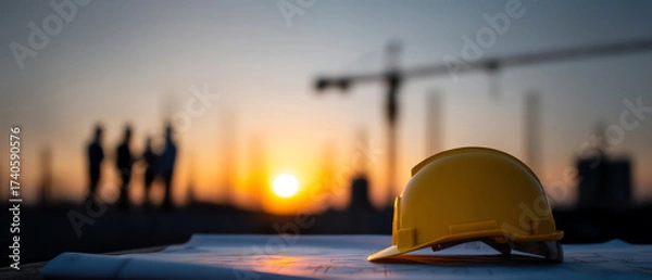 Fototapeta Yellow construction helmet on blueprints with a sunset background and blurred silhouettes of workers and cranes at a construction site
