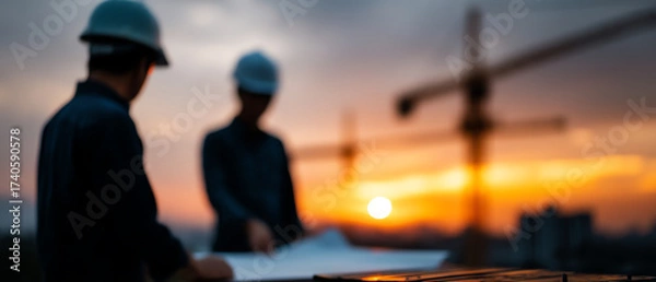 Fototapeta Two construction workers wearing helmets review plans at a site during sunset, with cranes and a city skyline blurred in the background
