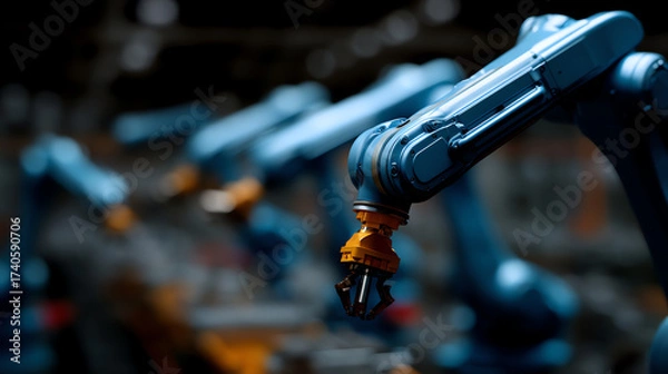Fototapeta Industrial robotic arms with mechanical grippers in a factory setting, showcasing automation and precision technology for manufacturing processes