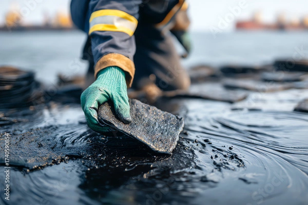 Fototapeta A worker wearing protective gloves removes thick oil sludge from a contaminated water surface during an environmental cleanup operation near a harbor