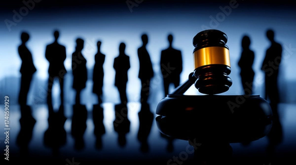 Fototapeta Judge's gavel in sharp focus with a blurred group of business people standing in the background, symbolizing law, justice, and corporate decision-making