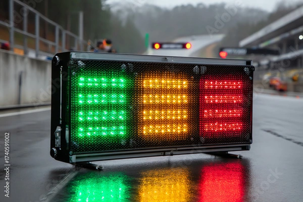 Fototapeta A racing pit lane LED light panel displays green, yellow, and red signals on a wet race track, reflecting colors on the asphalt during a motorsport event