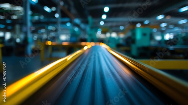 Fototapeta Automated conveyor belt system in a modern industrial factory, showcasing motion blur and illuminated by overhead lights in a spacious manufacturing environment