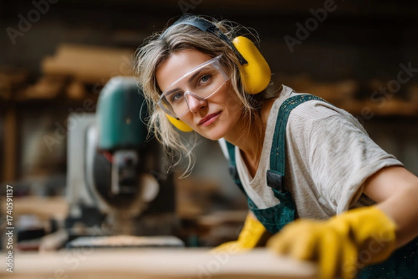 Fototapeta A female carpenter wearing protective goggles and ear muffs works attentively with wood in a workshop, demonstrating focus and skill in woodworking