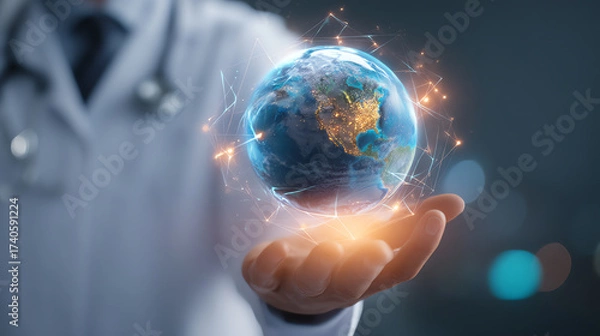 Fototapeta A person in a medical coat holds a glowing digital Earth surrounded by connected network lines, symbolizing global healthcare, technology, and interconnectedness