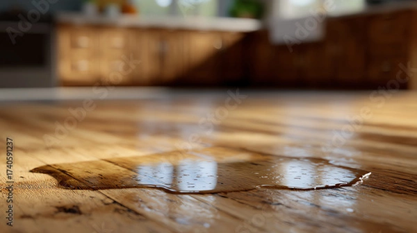 Fototapeta A close-up of a wooden floor with a puddle of water reflecting sunlight in a kitchen setting, highlighting surface texture and natural light effects
