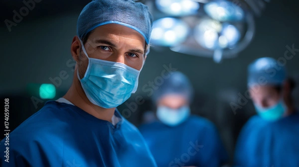 Fototapeta Confident surgeon wearing a mask and scrub cap, standing in an operating room with surgical lights and blurred medical staff in the background during a procedure
