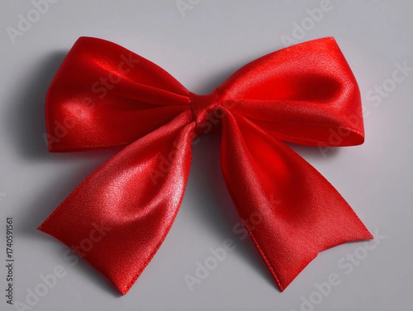 Fototapeta Bright red satin bow with smooth texture and elegant loops, placed on a light gray background, perfect for gift wrapping or decoration