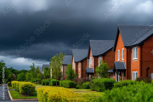 Fototapeta Row of modern brick houses with well-kept green lawns and bushes under a dramatic dark cloudy sky, suggesting an impending storm or rainy weather