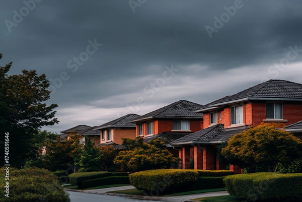 Fototapeta Suburban neighborhood with modern brick houses under a cloudy, overcast sky, surrounded by well-maintained trees and shrubs along a quiet street