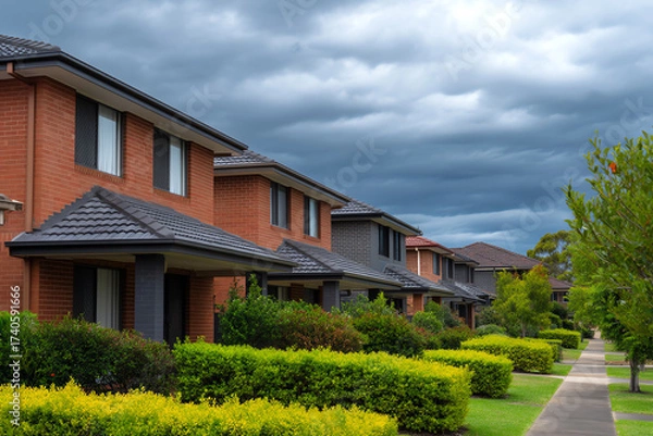 Fototapeta Row of modern suburban houses with brick facades, manicured green hedges, and a sidewalk under a moody cloudy sky