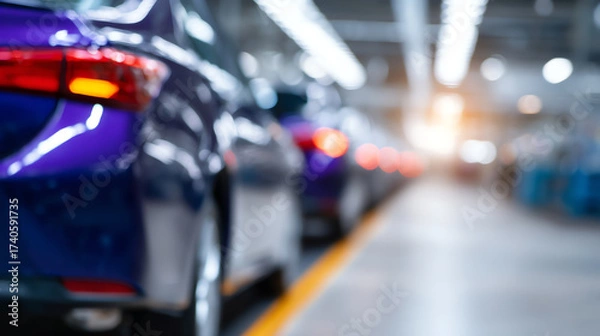 Fototapeta A row of shiny blue cars parked inside a brightly lit, spacious automotive factory or assembly line with a blurred background and industrial lighting