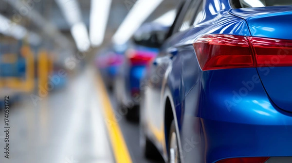 Fototapeta A close-up view of blue cars lined up in a factory or assembly line, highlighting the rear side and tail light with a blurred industrial background