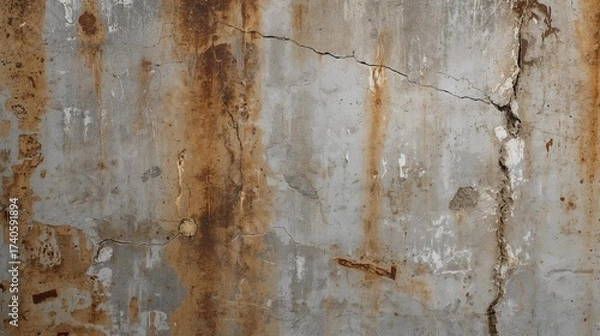 Fototapeta Industrial concrete wall with rust stains, cracks, and weathered texture for background and design projects